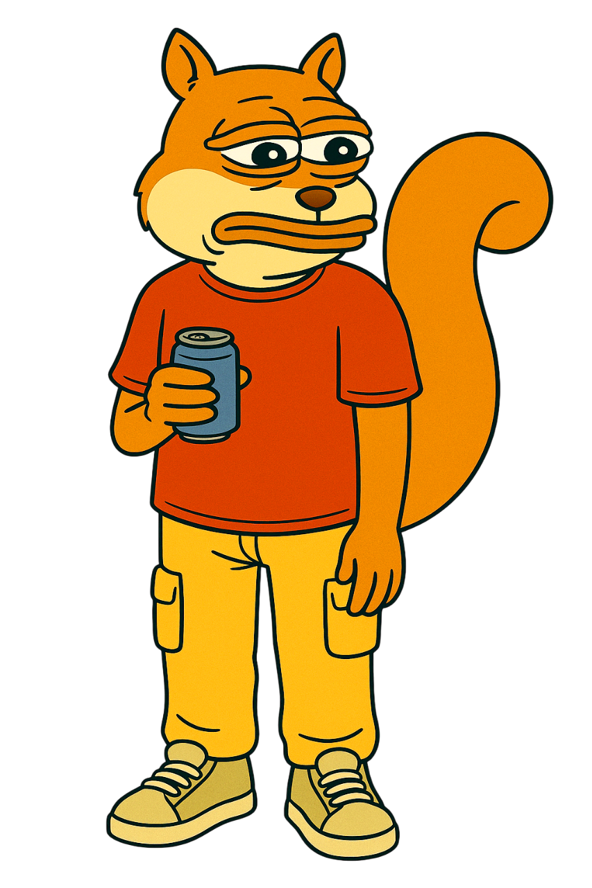 Squepe the Squepe holding a beer can looking happy.